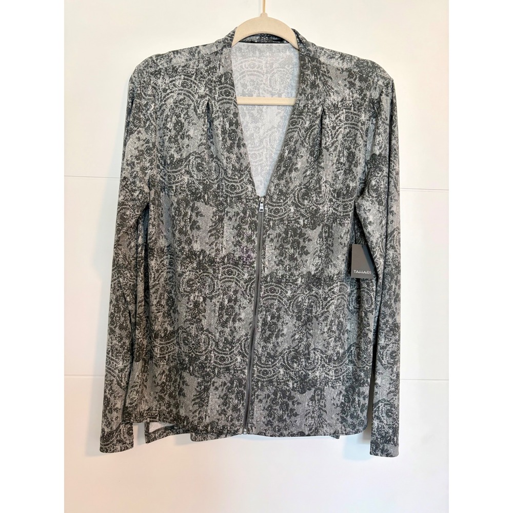 Tahari Paloma Knit Zip Front Jacket Grey Paisley Frost Womens Medium NWT Comfy